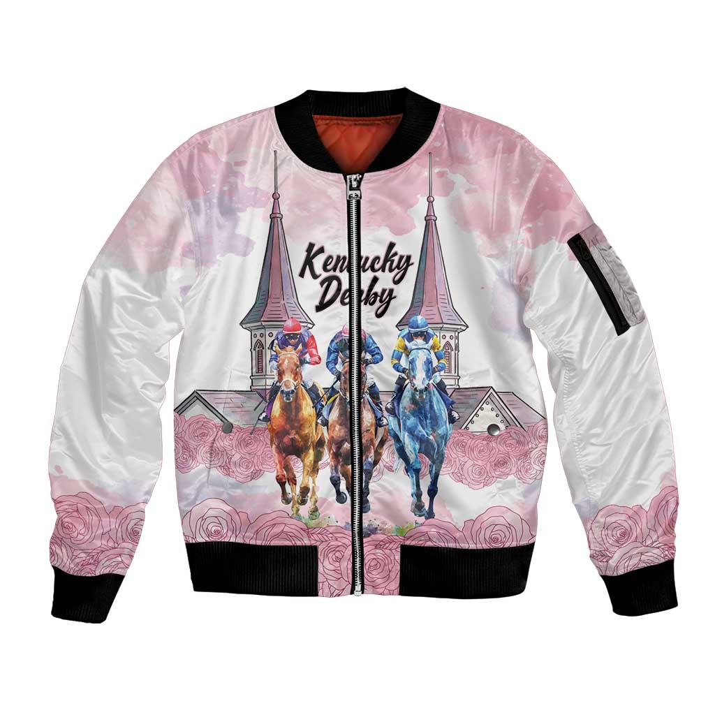Kentucky Horse Racing Personalized Sleeve Zip Bomber Jacket Churchill Downs Roses Pastel Pink