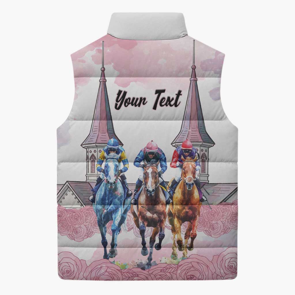 Kentucky Horse Racing Personalized Sleeveless Puffer Jacket Churchill Downs Roses Pastel Pink