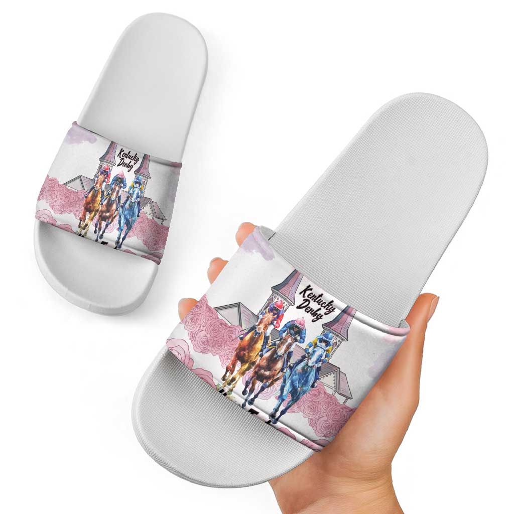 Kentucky Horse Racing Personalized Slide Sandals Churchill Downs Roses Pastel Pink