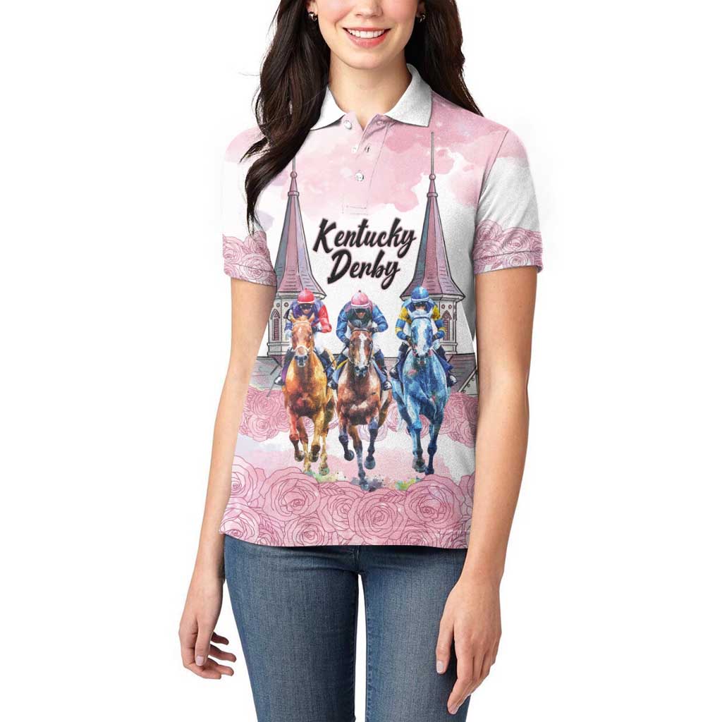 Kentucky Horse Racing Personalized Women Polo Shirt Churchill Downs Roses Pastel Pink