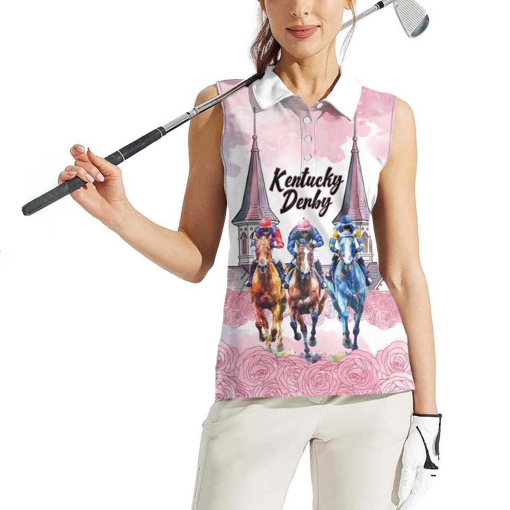 Kentucky Horse Racing Personalized Women Sleeveless Polo Shirt Churchill Downs Roses Pastel Pink