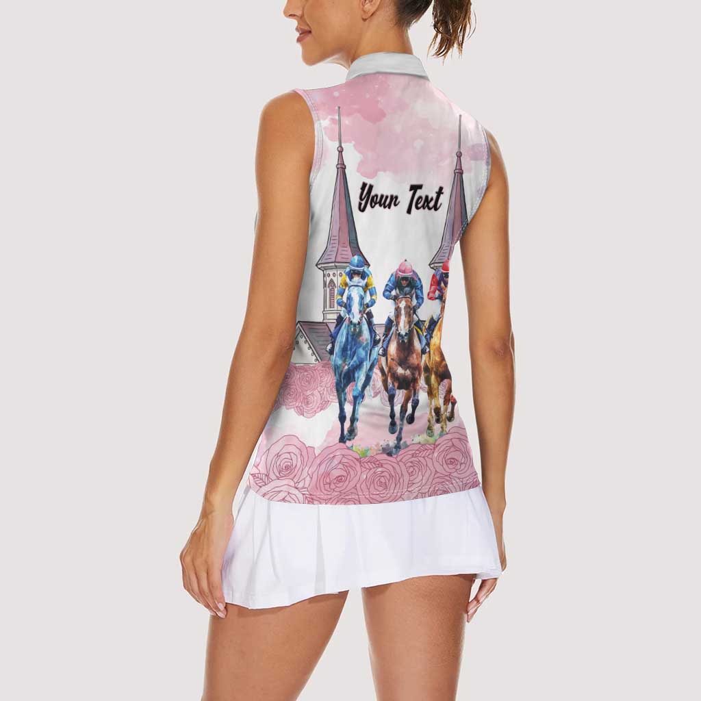 Kentucky Horse Racing Personalized Women Sleeveless Polo Shirt Churchill Downs Roses Pastel Pink