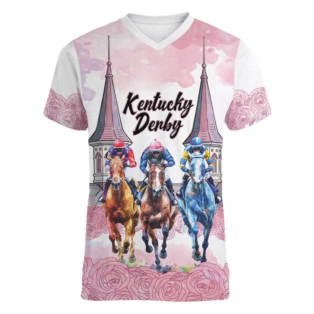 Kentucky Horse Racing Personalized Women V-Neck T-Shirt Churchill Downs Roses Pastel Pink