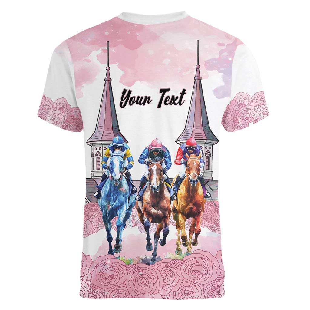 Kentucky Horse Racing Personalized Women V-Neck T-Shirt Churchill Downs Roses Pastel Pink