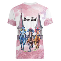 Kentucky Horse Racing Personalized Women V-Neck T-Shirt Churchill Downs Roses Pastel Pink