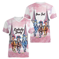 Kentucky Horse Racing Personalized Women V-Neck T-Shirt Churchill Downs Roses Pastel Pink