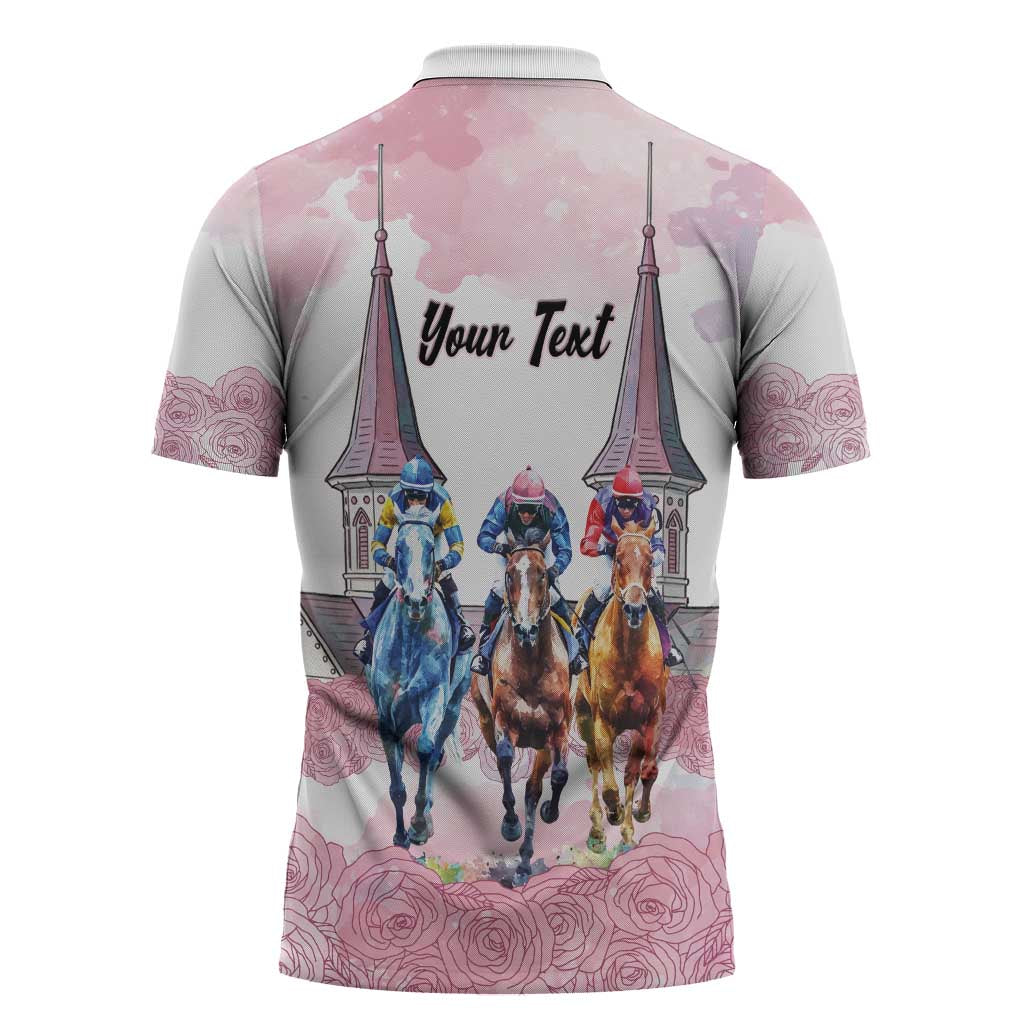 Kentucky Horse Racing Personalized Zipper Polo Shirt Churchill Downs Roses Pastel Pink