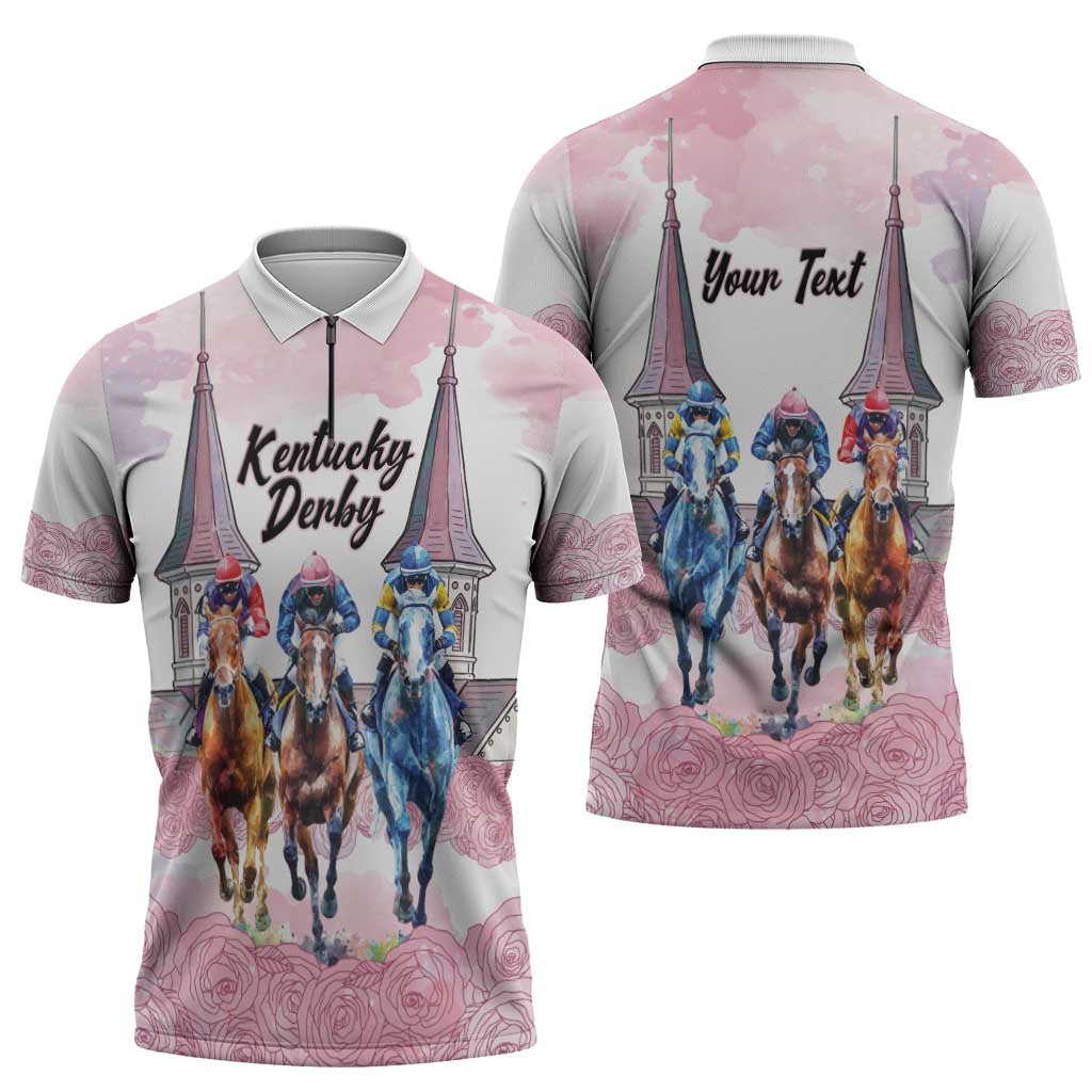 Kentucky Horse Racing Personalized Zipper Polo Shirt Churchill Downs Roses Pastel Pink