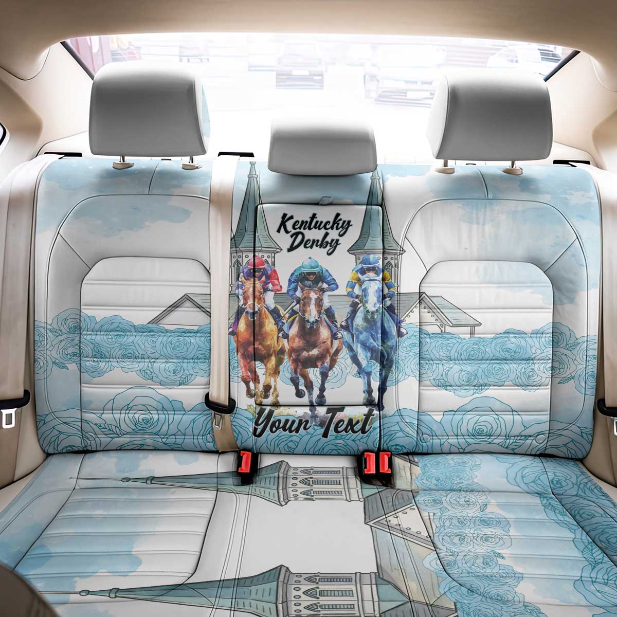 Kentucky Horse Racing Personalized Back Car Seat Cover Churchill Downs Roses Pastel Blue