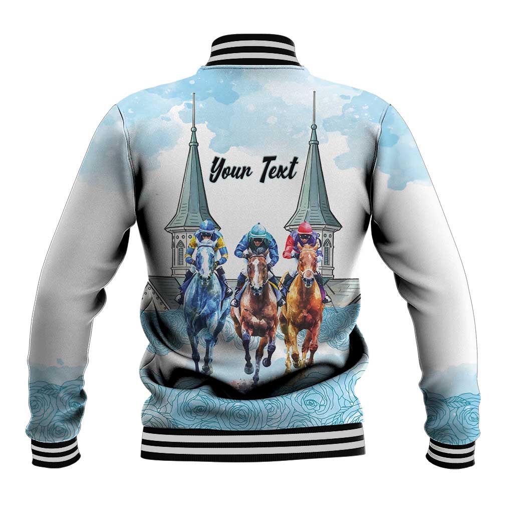 Kentucky Horse Racing Personalized Baseball Jacket Churchill Downs Roses Pastel Blue
