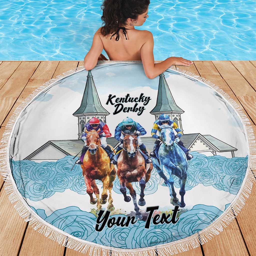 Kentucky Horse Racing Personalized Beach Blanket Churchill Downs Roses Pastel Blue