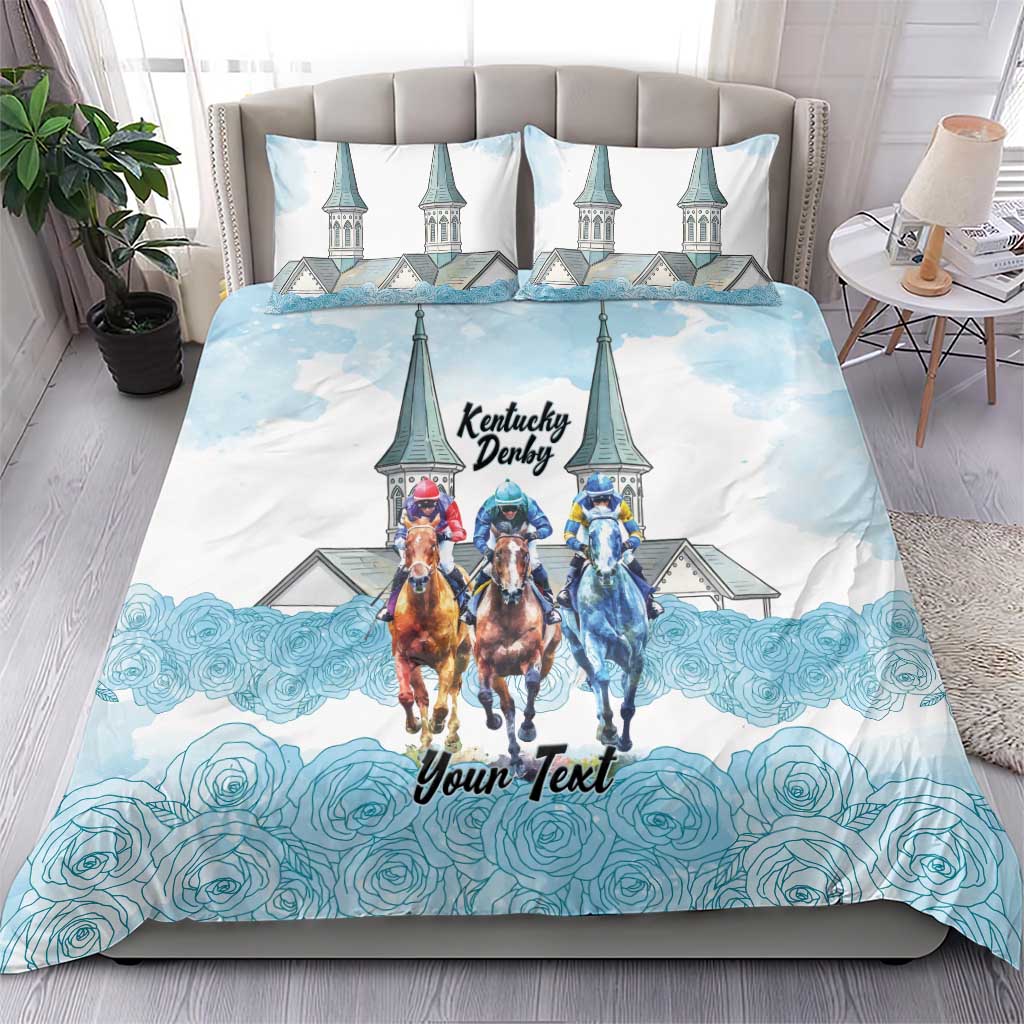 Kentucky Horse Racing Personalized Bedding Set Churchill Downs Roses Pastel Blue