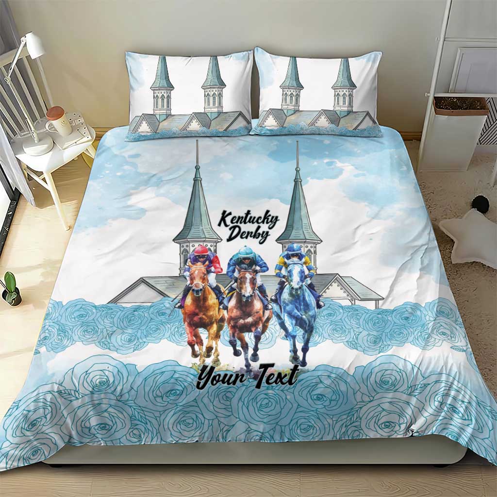 Kentucky Horse Racing Personalized Bedding Set Churchill Downs Roses Pastel Blue