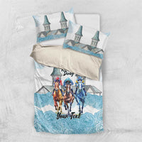 Kentucky Horse Racing Personalized Bedding Set Churchill Downs Roses Pastel Blue