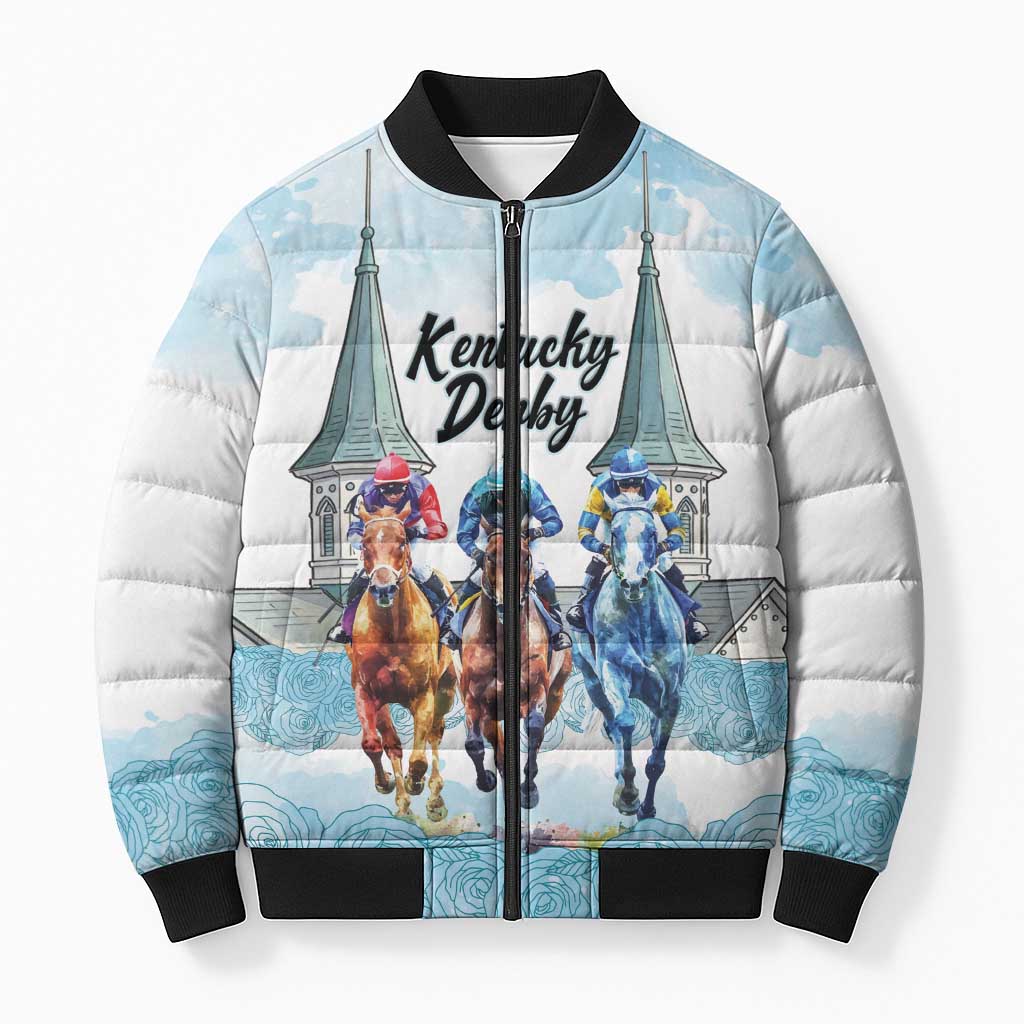 Kentucky Horse Racing Personalized Bomber Puffer Jacket Churchill Downs Roses Pastel Blue
