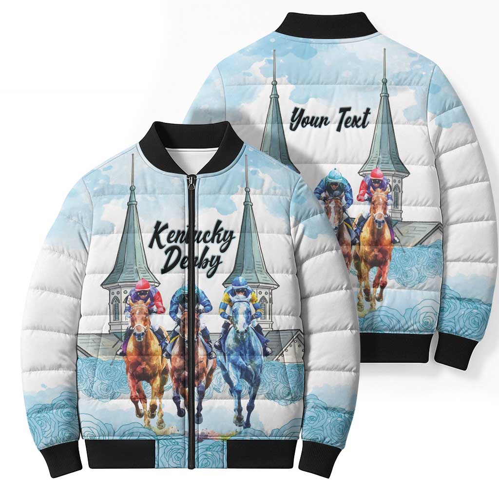Kentucky Horse Racing Personalized Bomber Puffer Jacket Churchill Downs Roses Pastel Blue