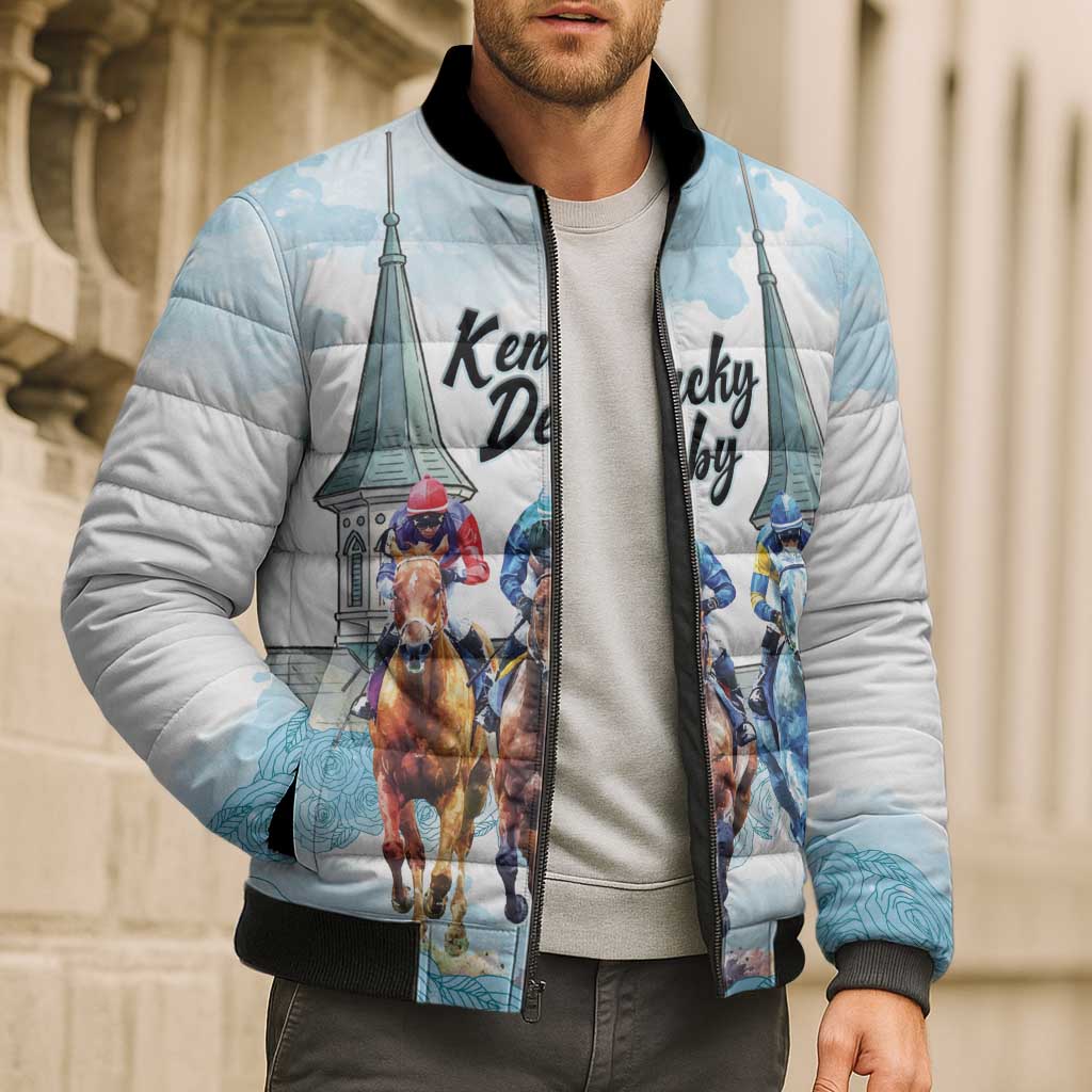 Kentucky Horse Racing Personalized Bomber Puffer Jacket Churchill Downs Roses Pastel Blue