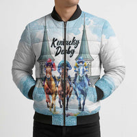 Kentucky Horse Racing Personalized Bomber Puffer Jacket Churchill Downs Roses Pastel Blue