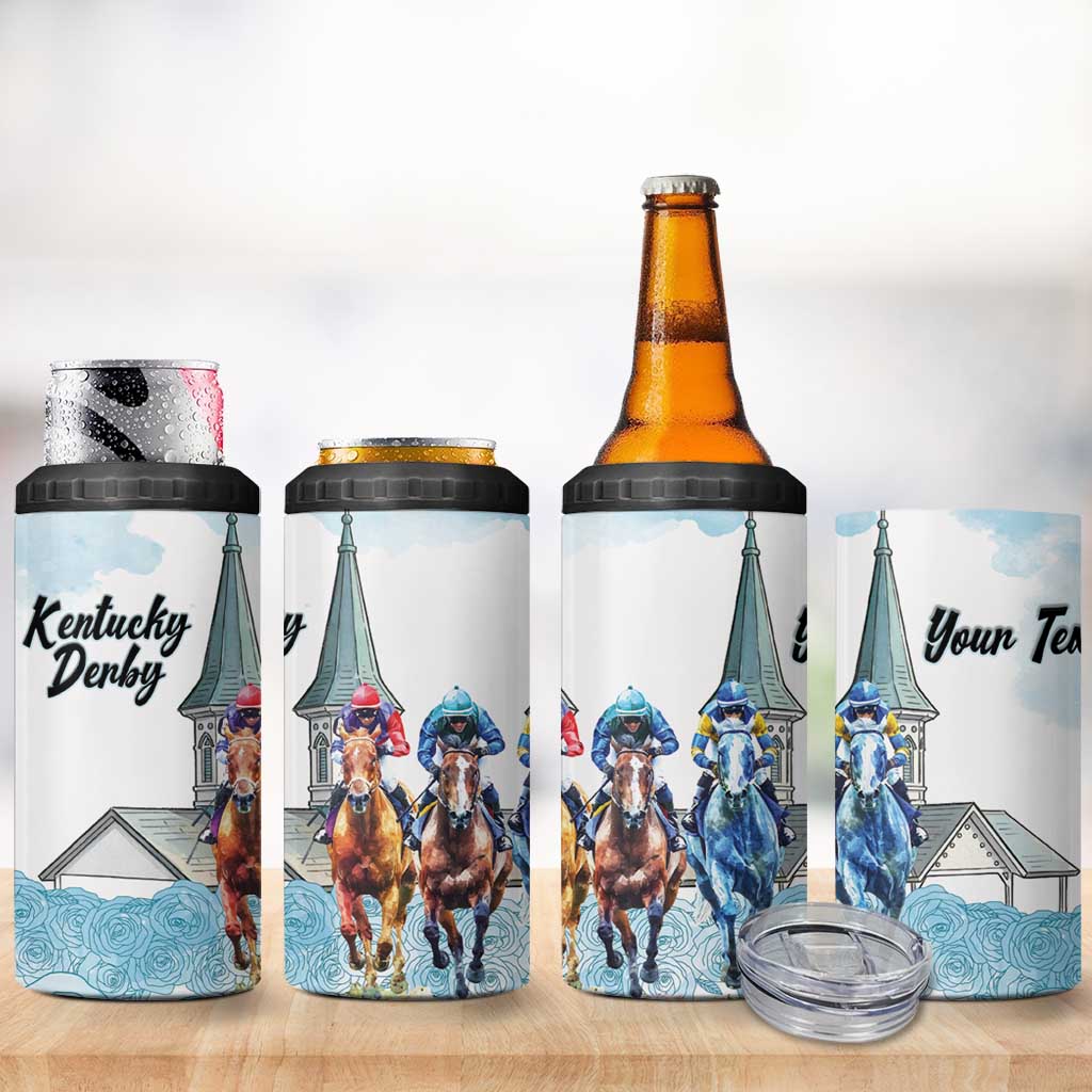 Kentucky Horse Racing Personalized 4 in 1 Can Cooler Tumbler Churchill Downs Roses Pastel Blue