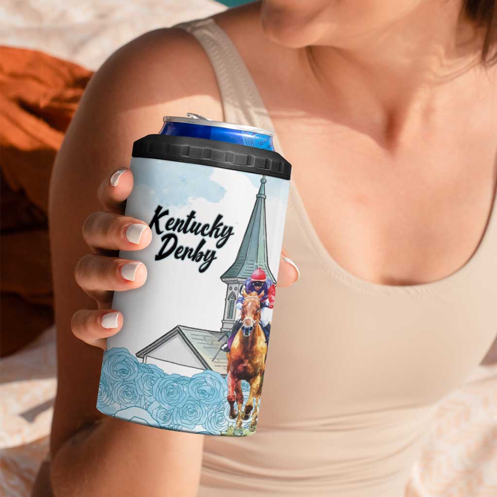 Kentucky Horse Racing Personalized 4 in 1 Can Cooler Tumbler Churchill Downs Roses Pastel Blue