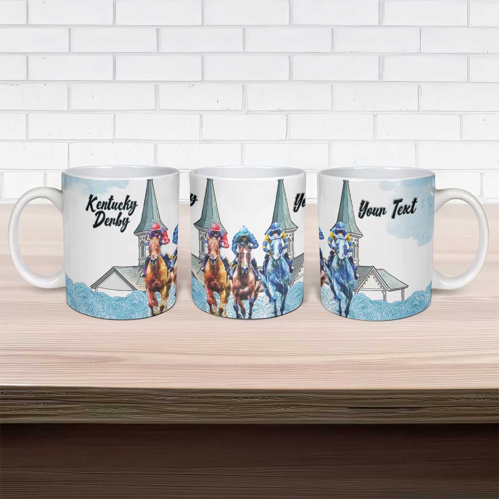 Kentucky Horse Racing Personalized Ceramic Mug Churchill Downs Roses Pastel Blue