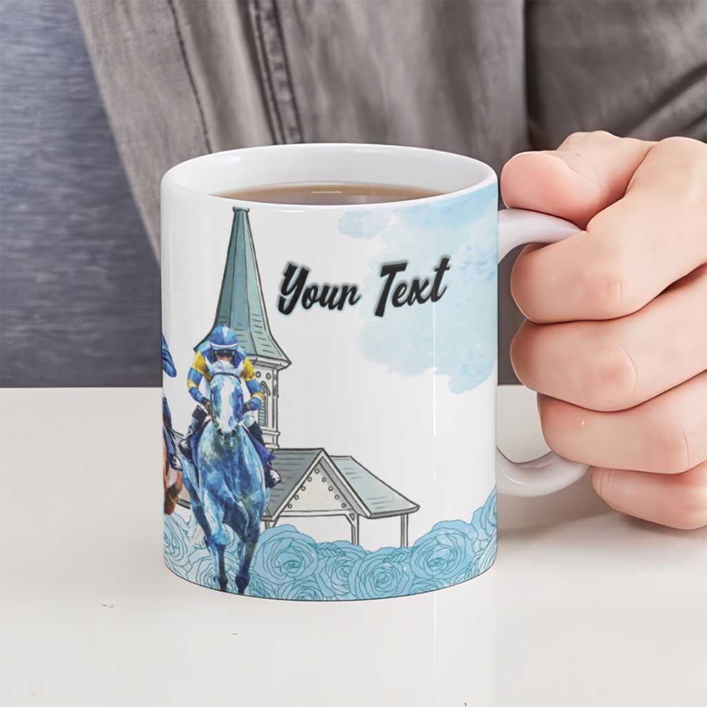 Kentucky Horse Racing Personalized Ceramic Mug Churchill Downs Roses Pastel Blue