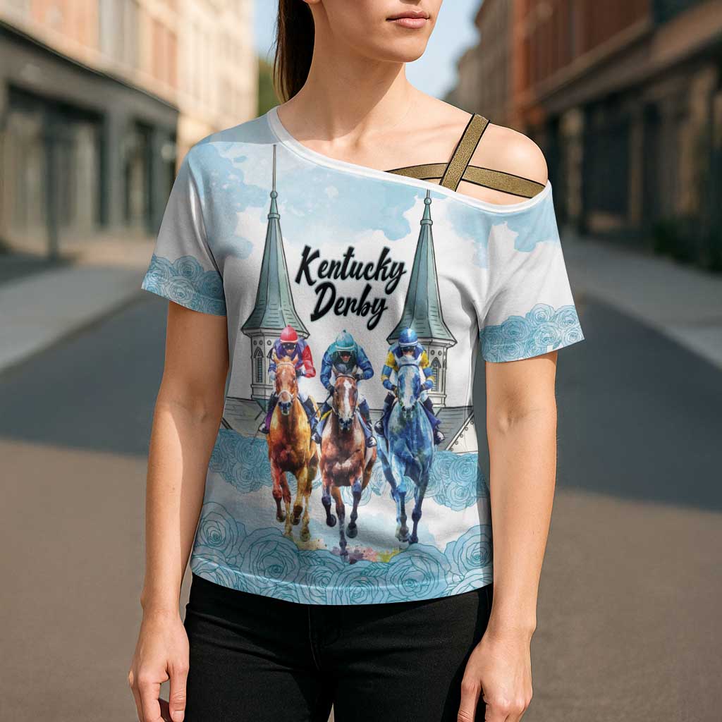 Kentucky Horse Racing Personalized Cross Shoulder Shirt Churchill Downs Roses Pastel Blue
