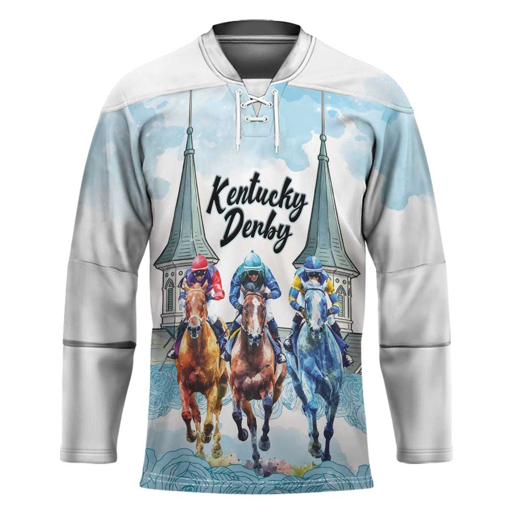 Kentucky Horse Racing Personalized Hockey Jersey Churchill Downs Roses Pastel Blue