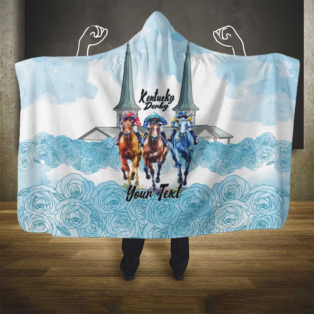 Kentucky Horse Racing Personalized Hooded Blanket Churchill Downs Roses Pastel Blue