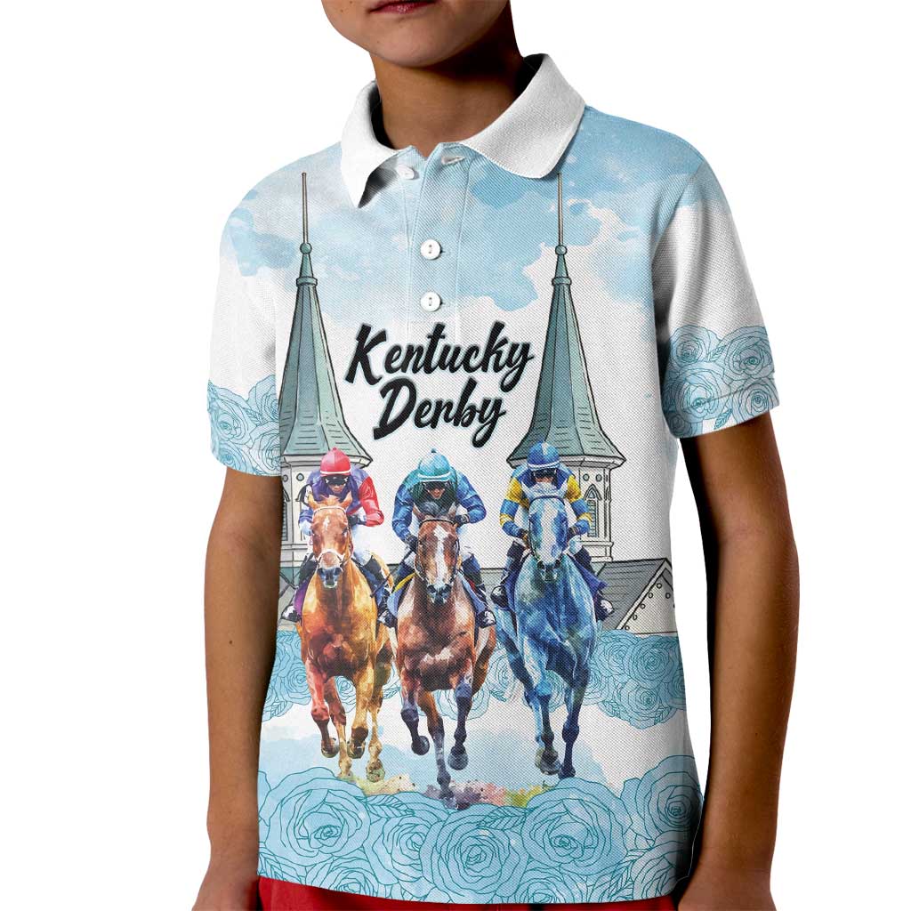 Kentucky Horse Racing Personalized Kid Polo Shirt Churchill Downs Roses Pastel Blue