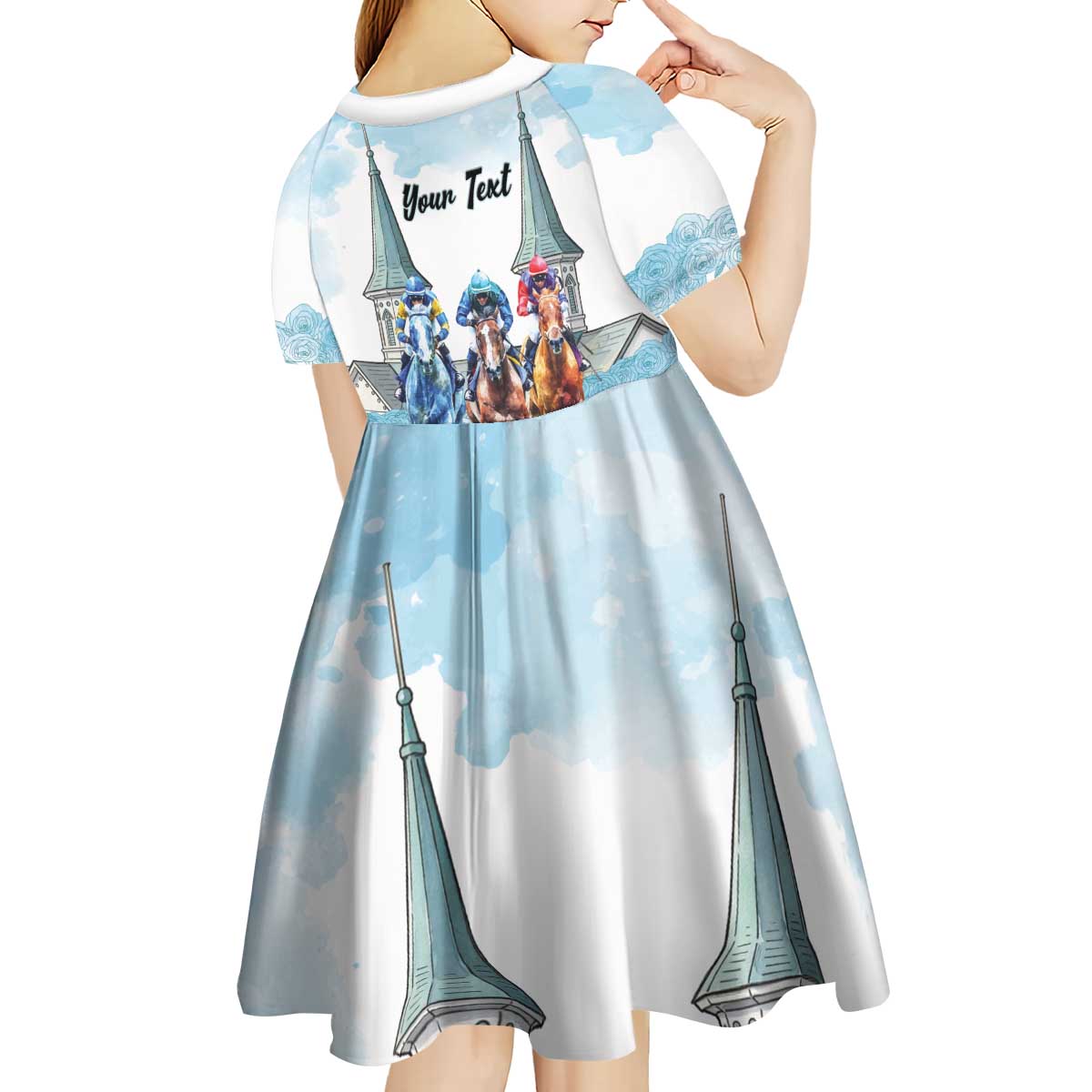 Kentucky Horse Racing Personalized Kid Short Sleeve Dress Churchill Downs Roses Pastel Blue