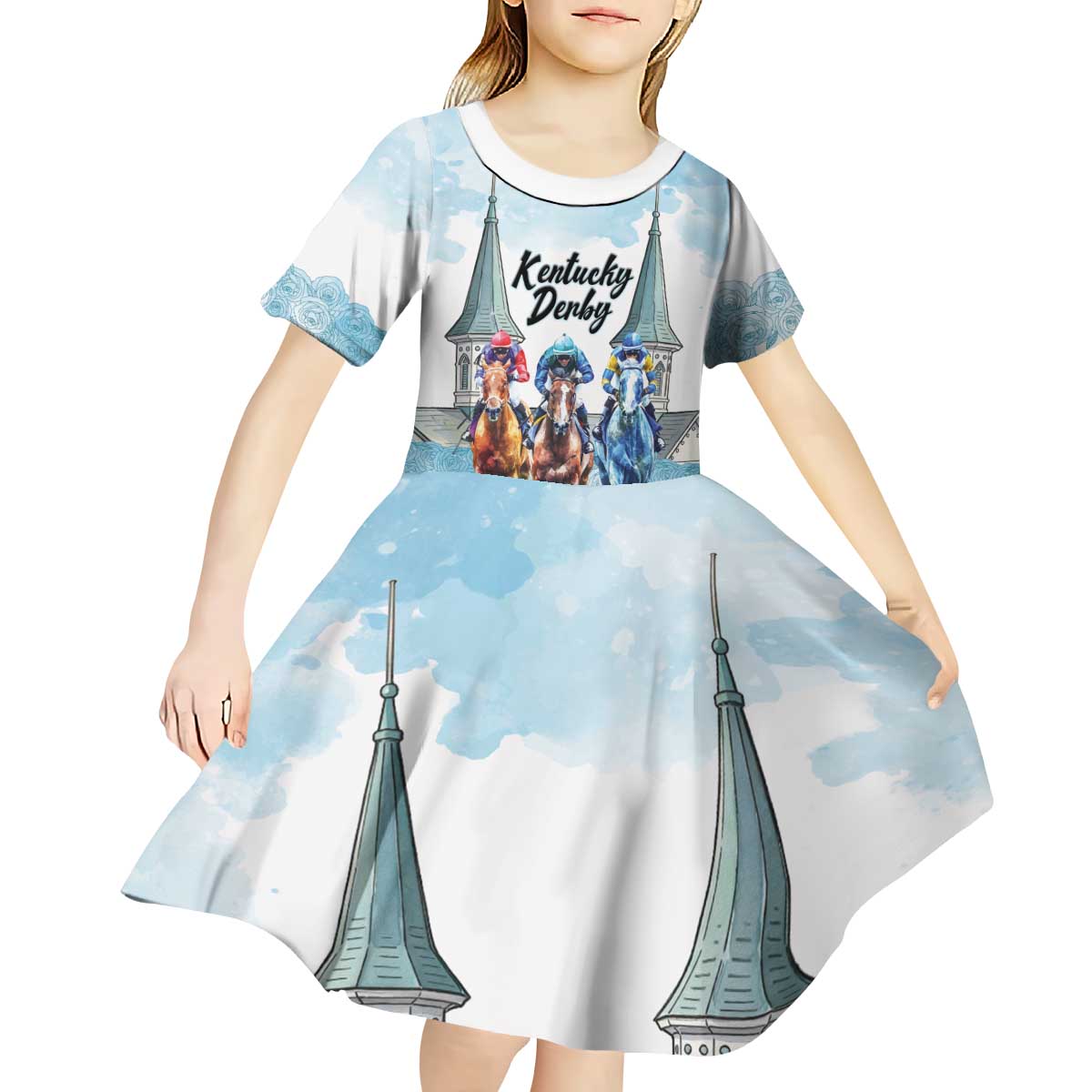 Kentucky Horse Racing Personalized Kid Short Sleeve Dress Churchill Downs Roses Pastel Blue