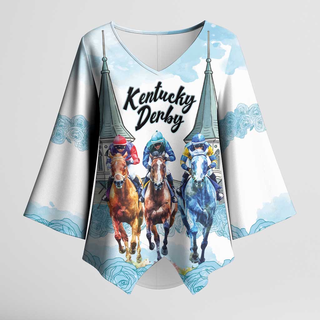 Kentucky Horse Racing Personalized Kimono Sleeve Blouse Churchill Downs Roses Pastel Blue