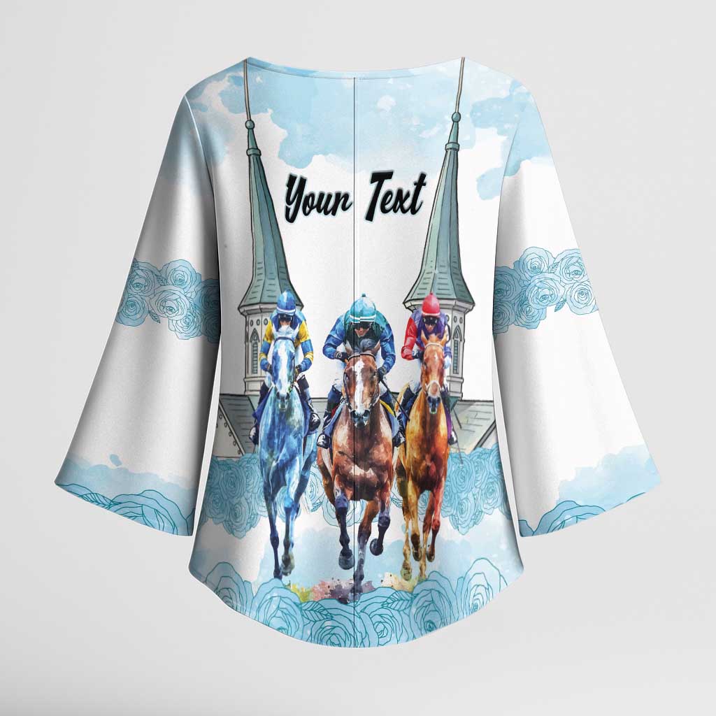 Kentucky Horse Racing Personalized Kimono Sleeve Blouse Churchill Downs Roses Pastel Blue