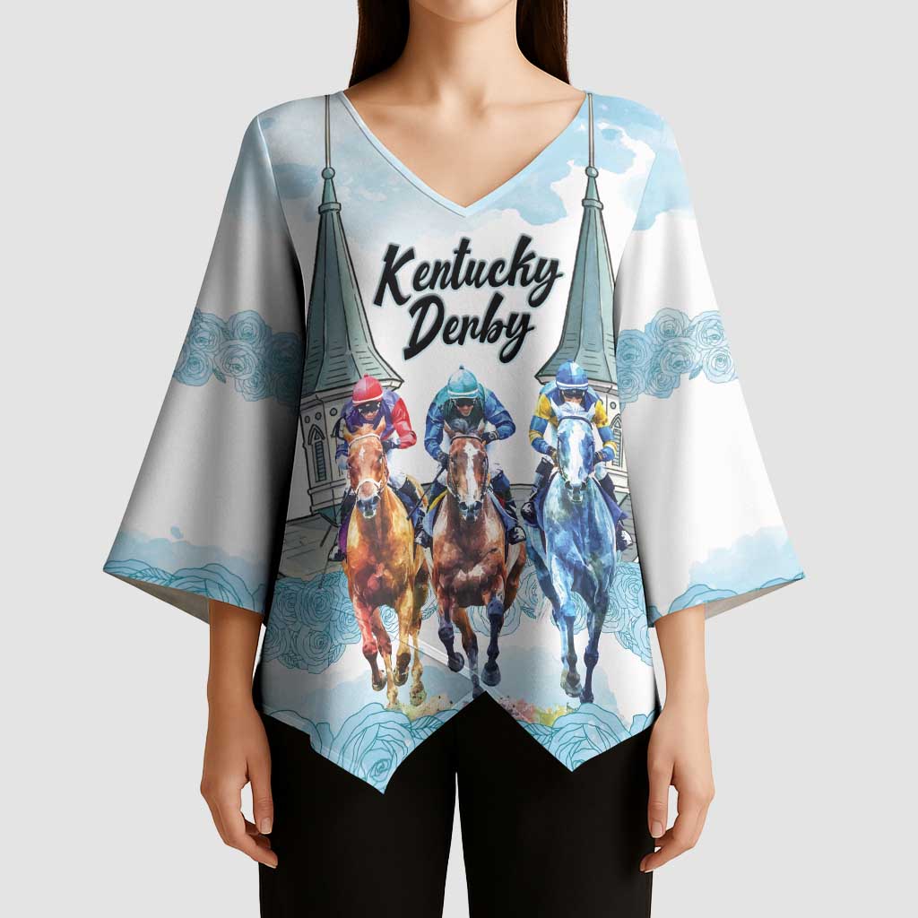 Kentucky Horse Racing Personalized Kimono Sleeve Blouse Churchill Downs Roses Pastel Blue