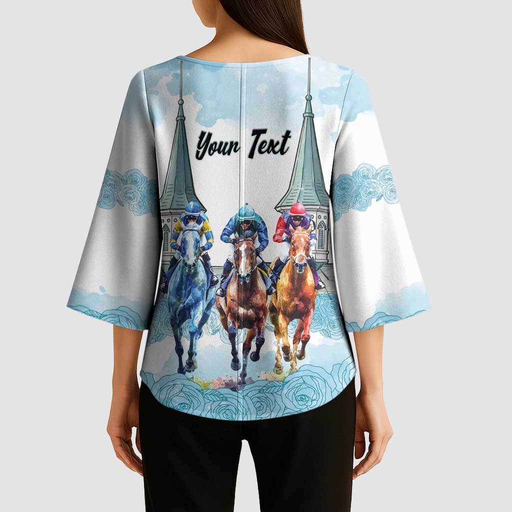 Kentucky Horse Racing Personalized Kimono Sleeve Blouse Churchill Downs Roses Pastel Blue