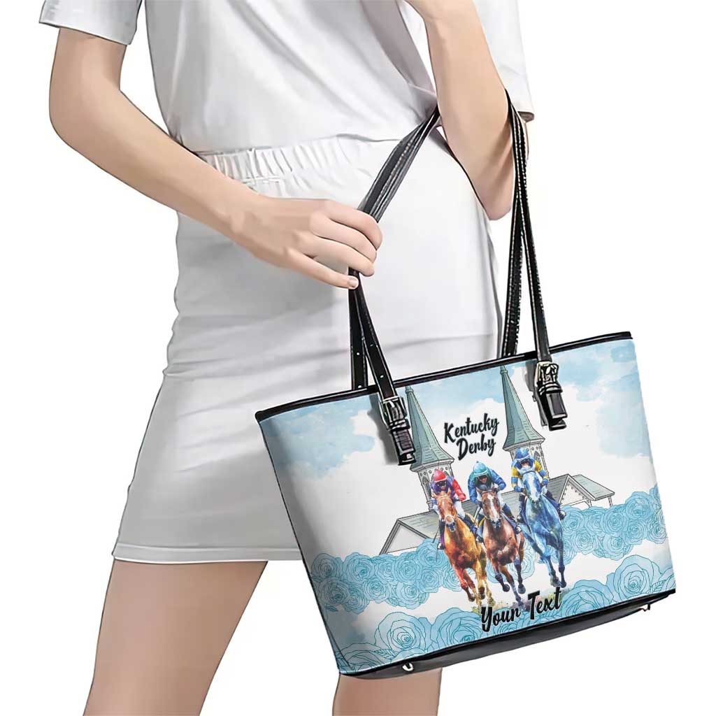 Kentucky Horse Racing Personalized Leather Tote Bag Churchill Downs Roses Pastel Blue