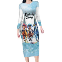 Kentucky Horse Racing Personalized Long Sleeve Bodycon Dress Churchill Downs Roses Pastel Blue