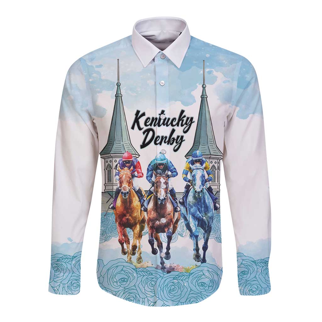 Kentucky Horse Racing Personalized Long Sleeve Button Shirt Churchill Downs Roses Pastel Blue