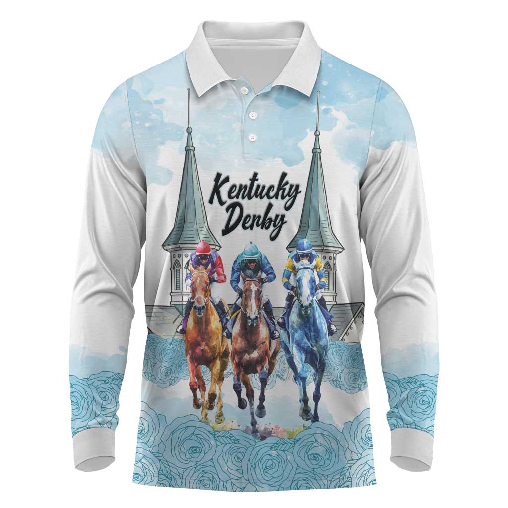 Kentucky Horse Racing Personalized Long Sleeve Polo Shirt Churchill Downs Roses Pastel Blue