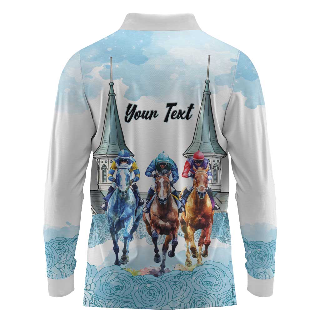 Kentucky Horse Racing Personalized Long Sleeve Polo Shirt Churchill Downs Roses Pastel Blue