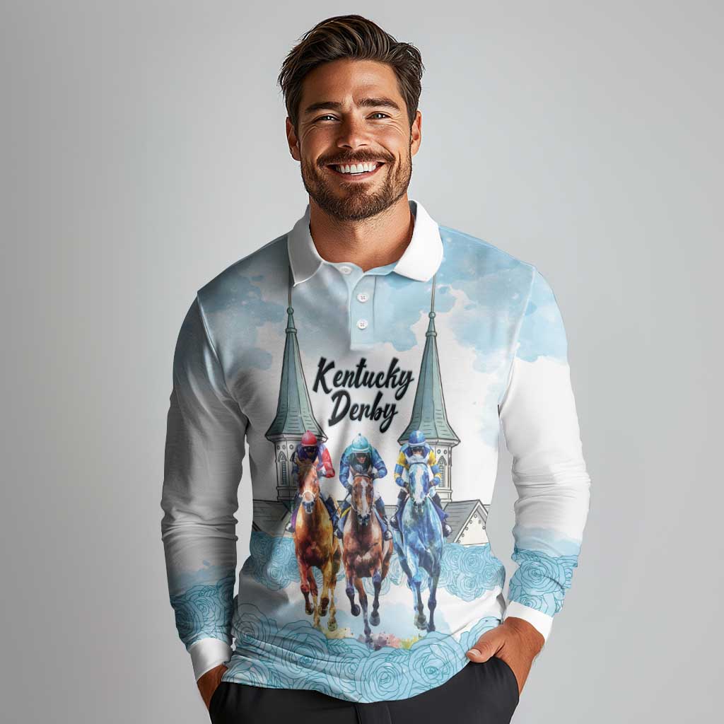 Kentucky Horse Racing Personalized Long Sleeve Polo Shirt Churchill Downs Roses Pastel Blue