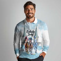 Kentucky Horse Racing Personalized Long Sleeve Polo Shirt Churchill Downs Roses Pastel Blue
