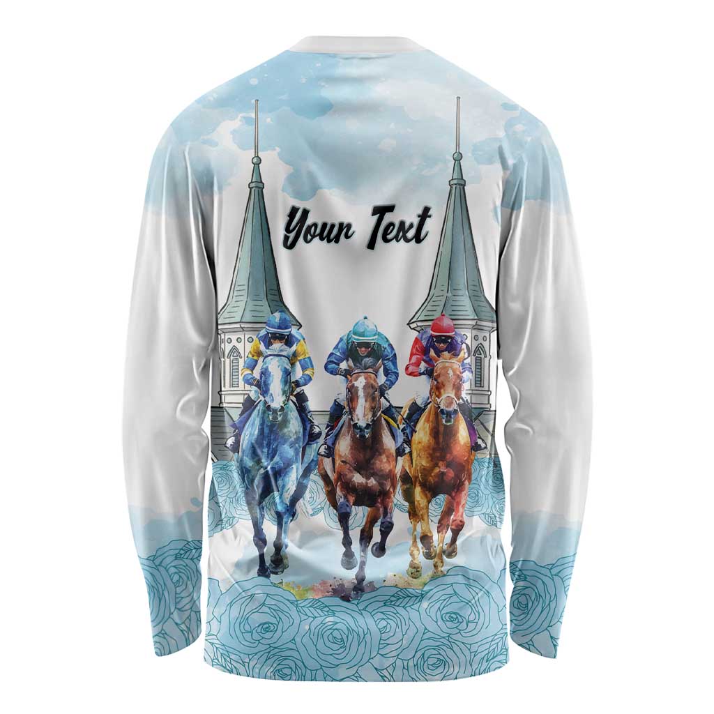 Kentucky Horse Racing Personalized Long Sleeve Shirt Churchill Downs Roses Pastel Blue