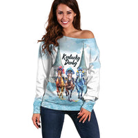 Kentucky Horse Racing Personalized Off Shoulder Sweater Churchill Downs Roses Pastel Blue