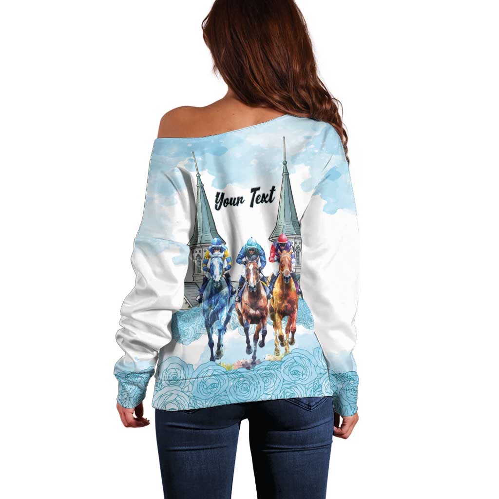 Kentucky Horse Racing Personalized Off Shoulder Sweater Churchill Downs Roses Pastel Blue
