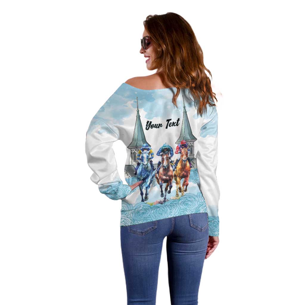 Kentucky Horse Racing Personalized Off Shoulder Sweater Churchill Downs Roses Pastel Blue