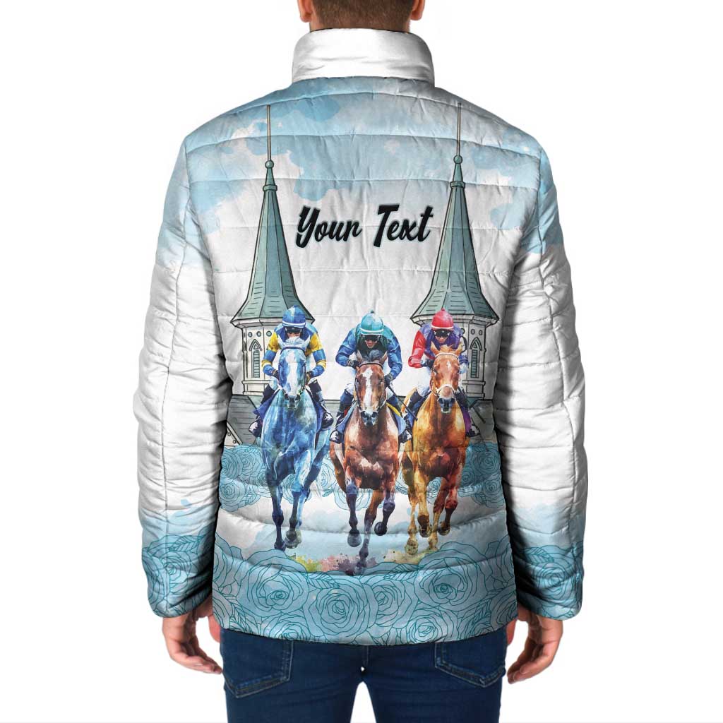 Kentucky Horse Racing Personalized Padded Jacket Churchill Downs Roses Pastel Blue