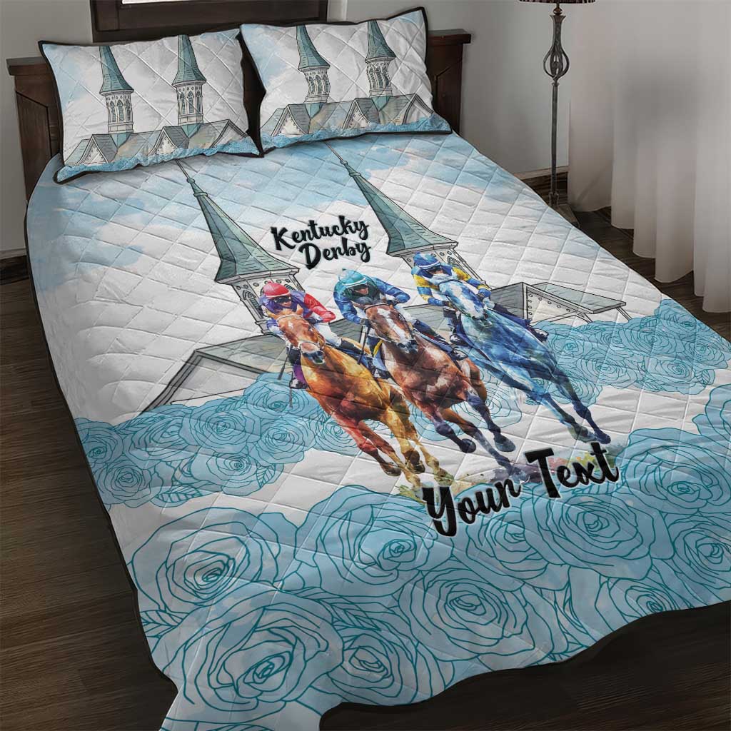 Kentucky Horse Racing Personalized Quilt Bed Set Churchill Downs Roses Pastel Blue