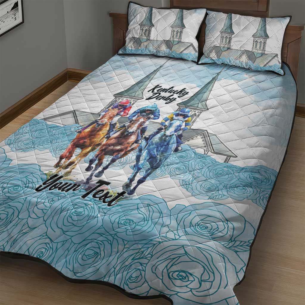 Kentucky Horse Racing Personalized Quilt Bed Set Churchill Downs Roses Pastel Blue